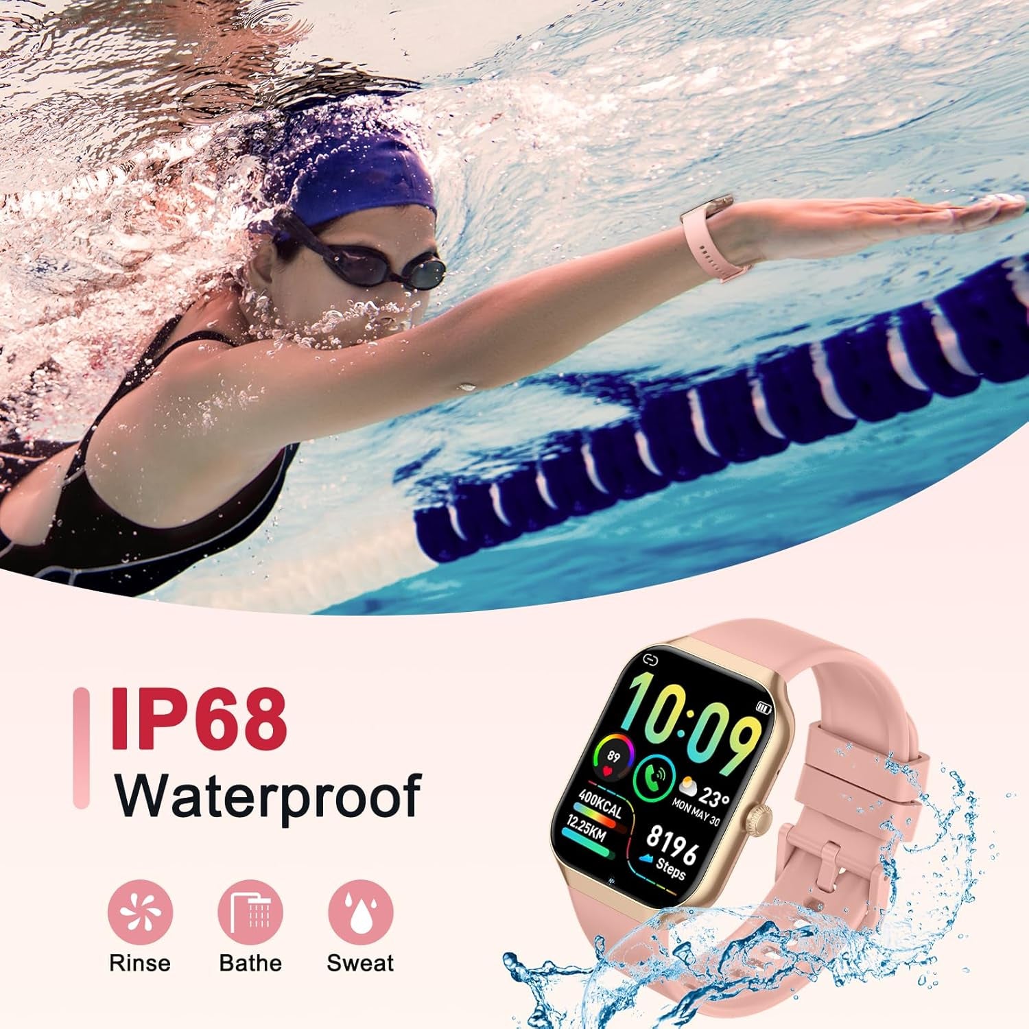 Smart Watch for Women Answer/Make Calls, 1.96" HD Fitness Watch with Heart Rate Monitor Sleep Monitor, 113 Sports Activity Trackers with Step Counter, IP68 Waterproof, Smartwatch for Android/iOS, Rose