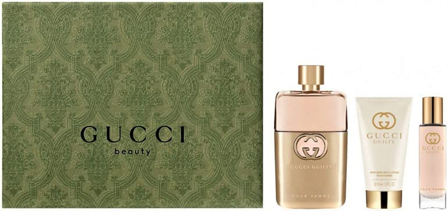Guilty 3 Piece Hardbox Gift Set for Women (3 Ounce Eau De Parfum Spray + 1.6 Ounce Perfumed Body Lotion + 0.5 Ounce Eau De Parfum Travel Spray)