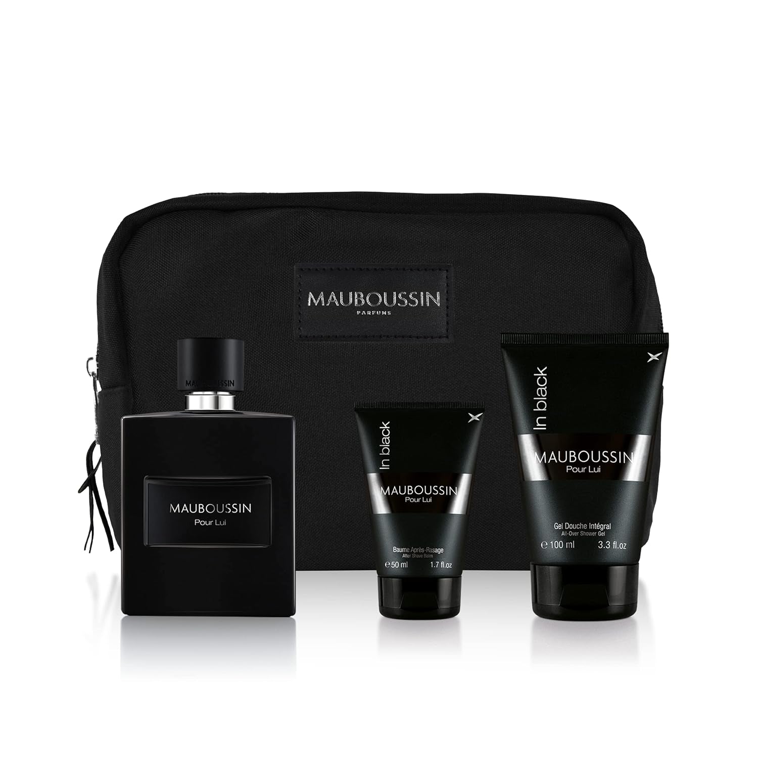 - Pour Lui In Black Prestige Set - Eau de Parfum 3.3 Fl oz (100ml), Perfumed Shower Gel 3.3 Fl oz (100ml), After Shave Balm 1.7 Fl oz (50ml) & Black Toiletry Bag