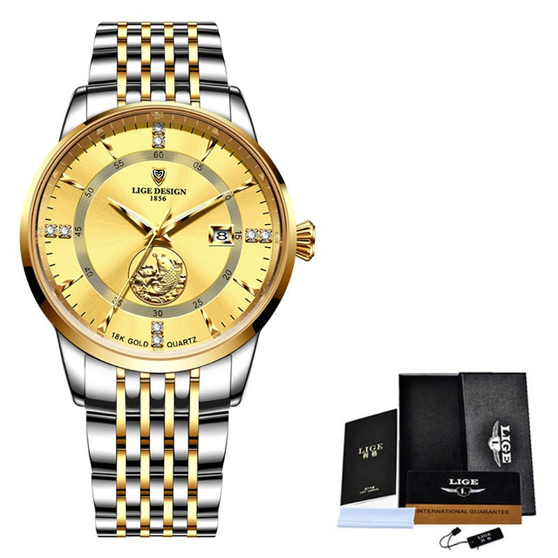 LIGE Business Men Watches Calendar Top Brand Luxury Stainless Steel 30M Waterproof Quartz Wristwatch for Men Relogios Masculinos
