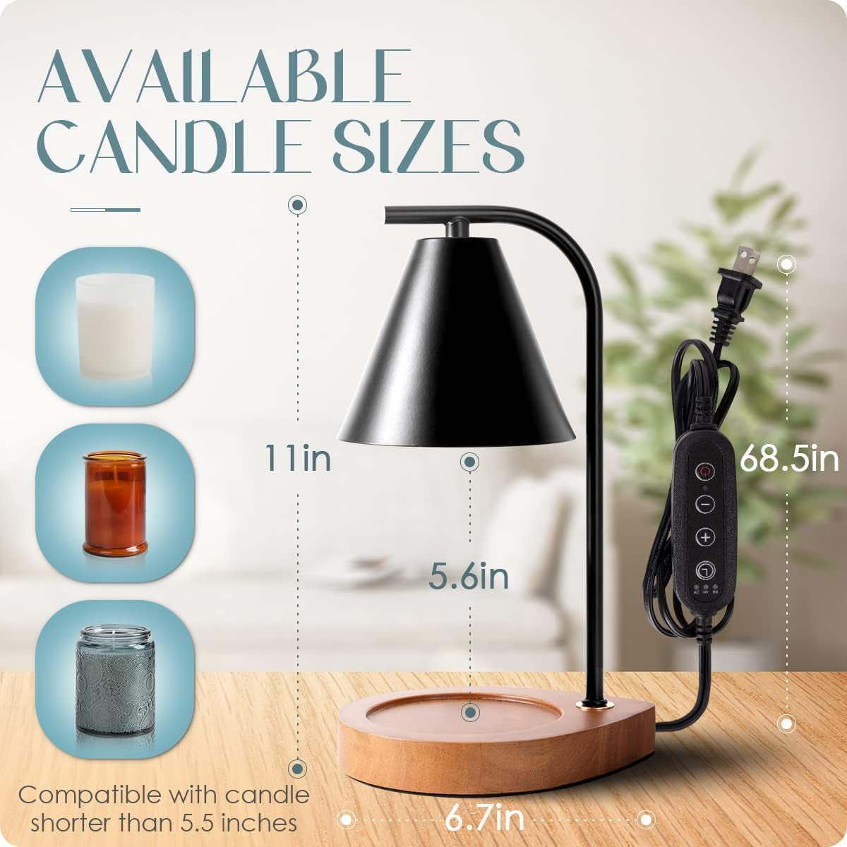 Candle Warmer Lamp with Retro Wooden Base - Home Decor Wax Melt for Small and Large Jar Candles, Candle Heater Lamp with 2 Bulbs, Dimmer and Timer Function