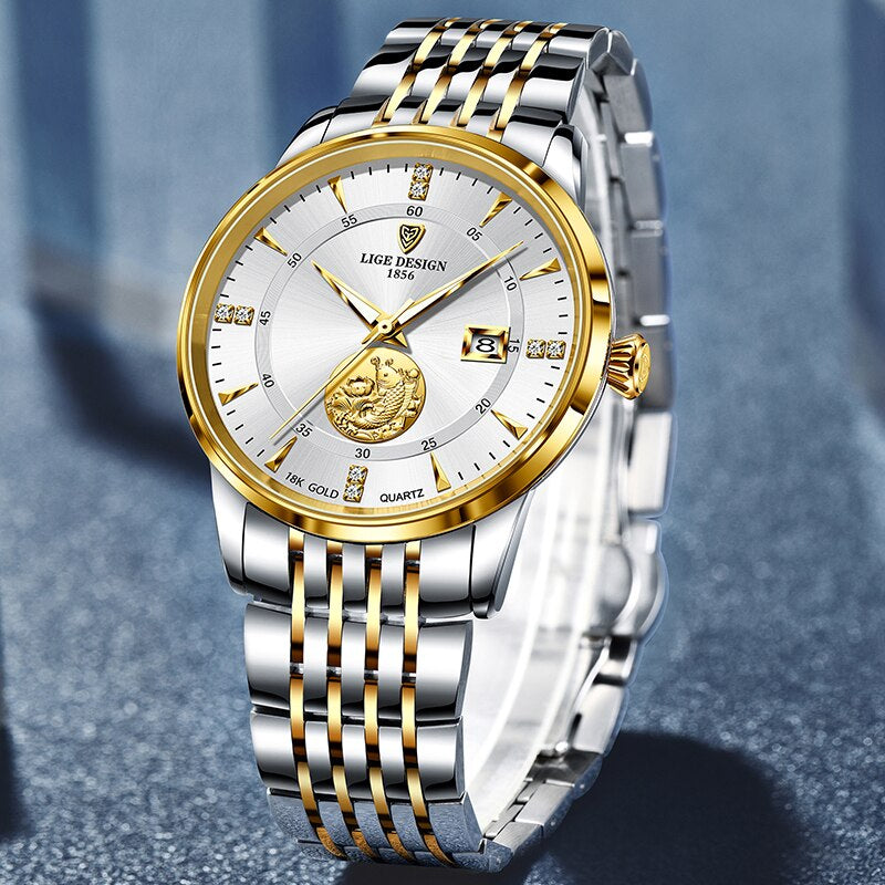 LIGE Business Men Watches Calendar Top Brand Luxury Stainless Steel 30M Waterproof Quartz Wristwatch for Men Relogios Masculinos