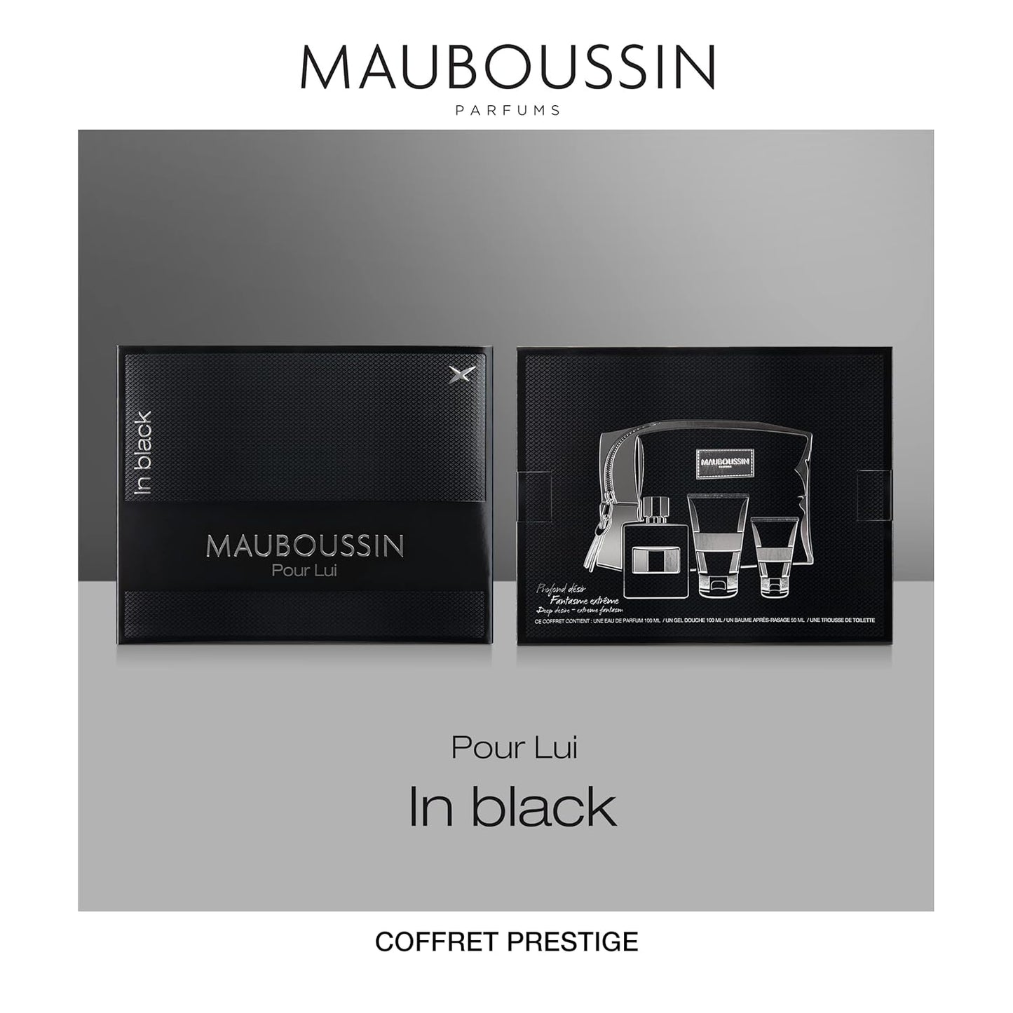 - Pour Lui In Black Prestige Set - Eau de Parfum 3.3 Fl oz (100ml), Perfumed Shower Gel 3.3 Fl oz (100ml), After Shave Balm 1.7 Fl oz (50ml) & Black Toiletry Bag