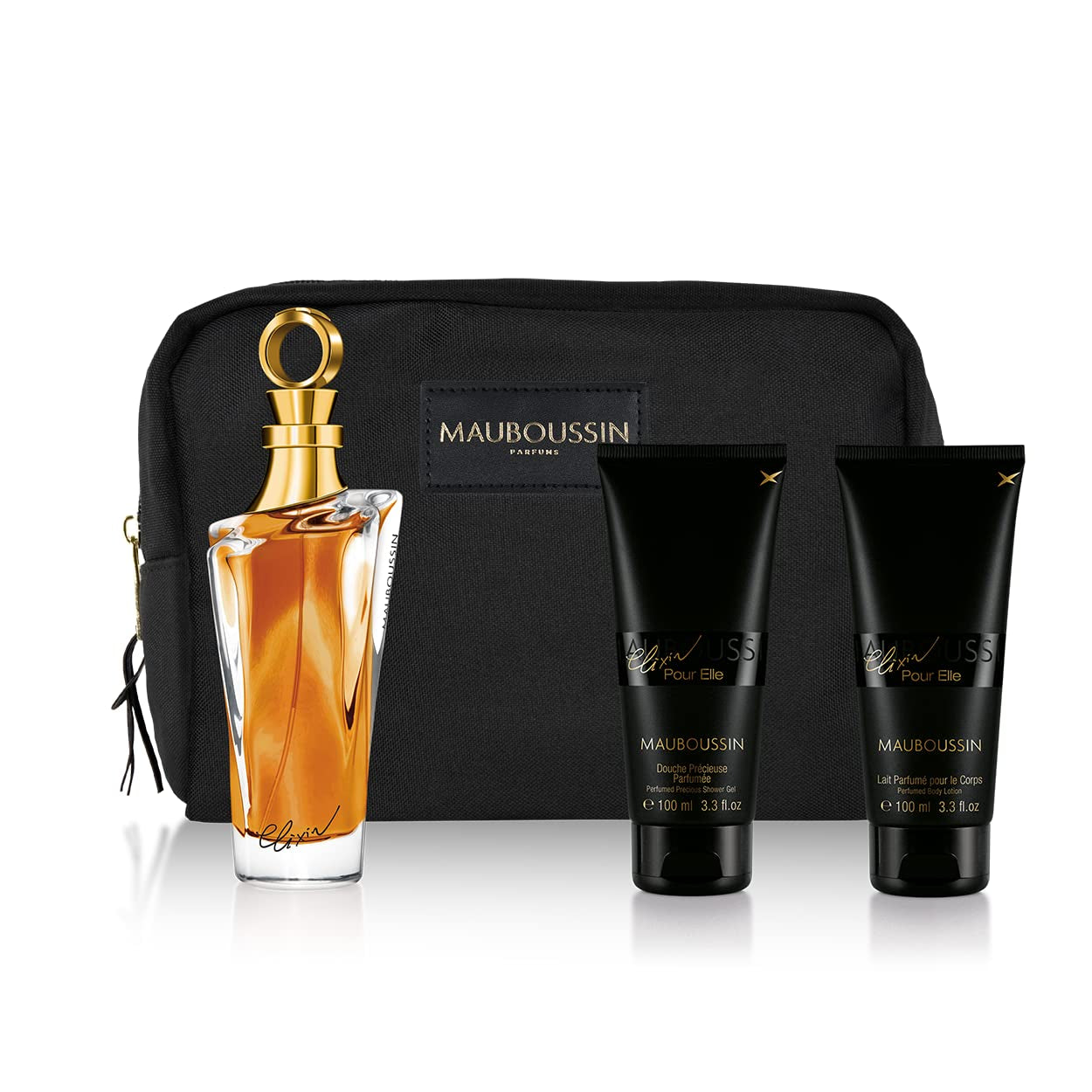 - Elixir Pour Elle Prestige Set: Eau de Parfum 3.3 Fl oz (100ml), Perfumed Body Wash 3.3 Fl oz (100ml), Perfumed Body Milk 3.3 Fl oz (100ml) & Black Toiletry Bag