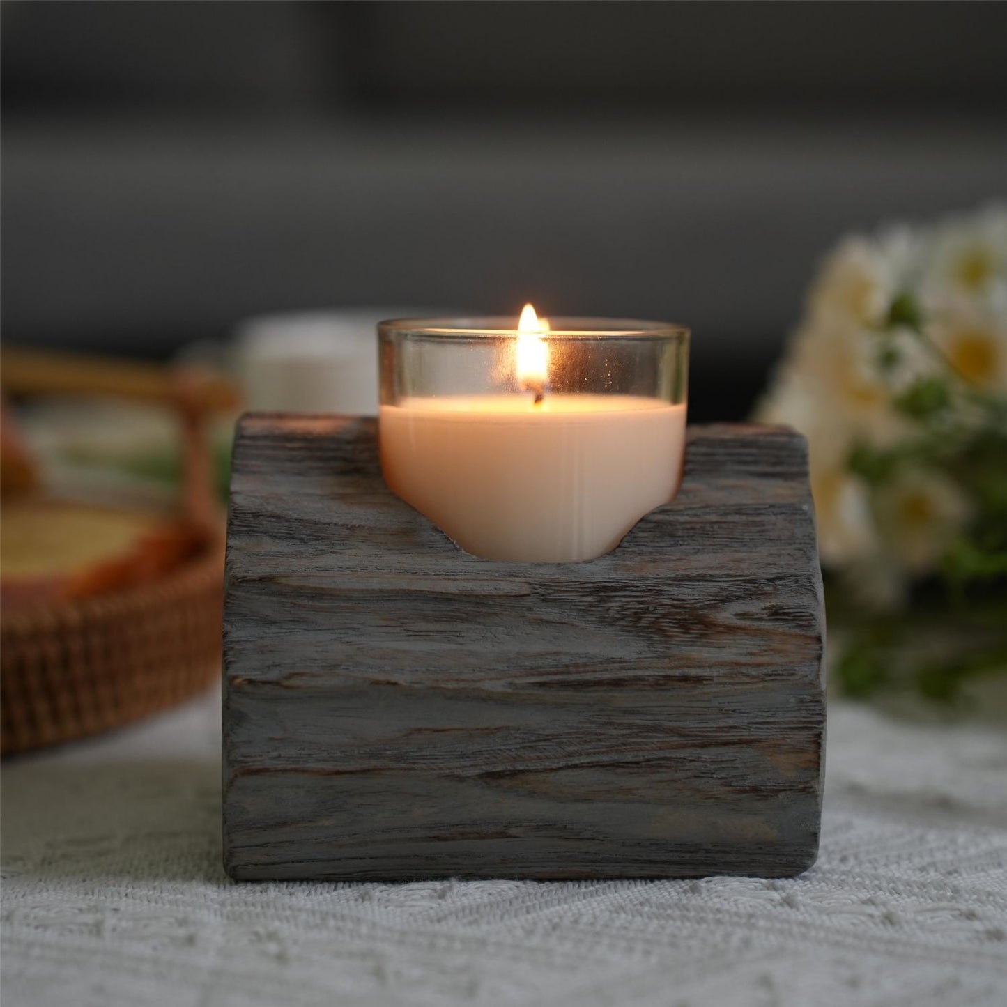 3.54'' H Rustic Washed Gray Wooden Single Compartment Candle Holder