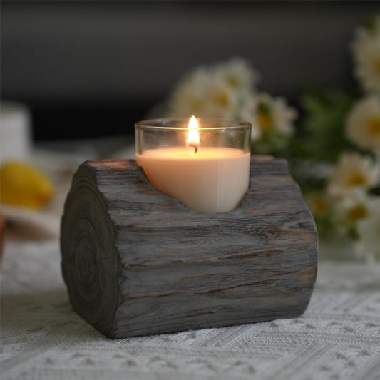 3.54'' H Rustic Washed Gray Wooden Single Compartment Candle Holder