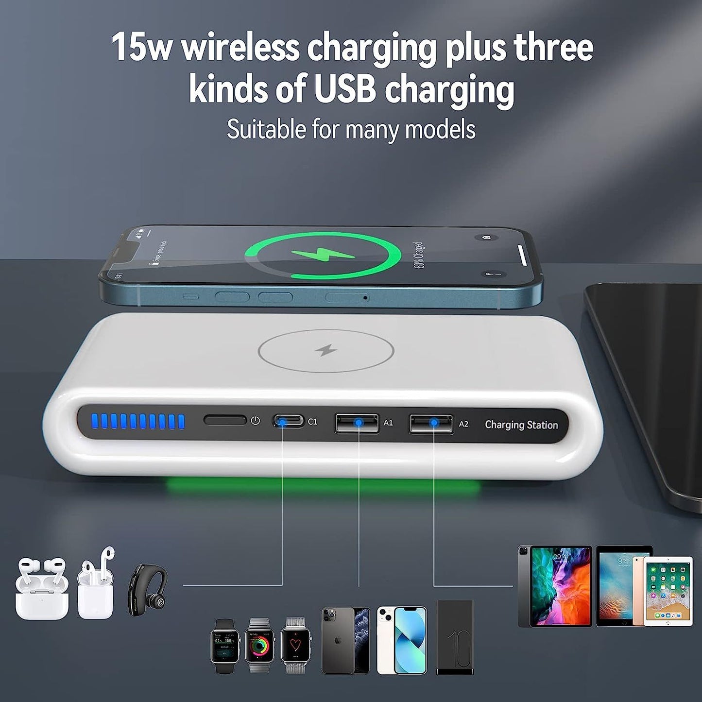 Wireless Charger 30W USB Wireless Charging Station for Multiple Device with USB C Ports Compatible for iPhone 14/13/12/Pro Max Google Pixel