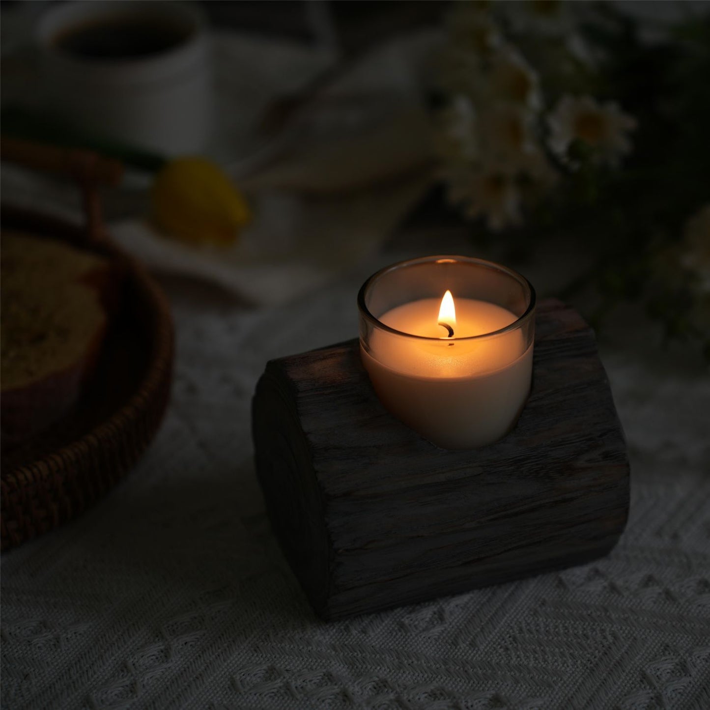 3.54'' H Rustic Washed Gray Wooden Single Compartment Candle Holder