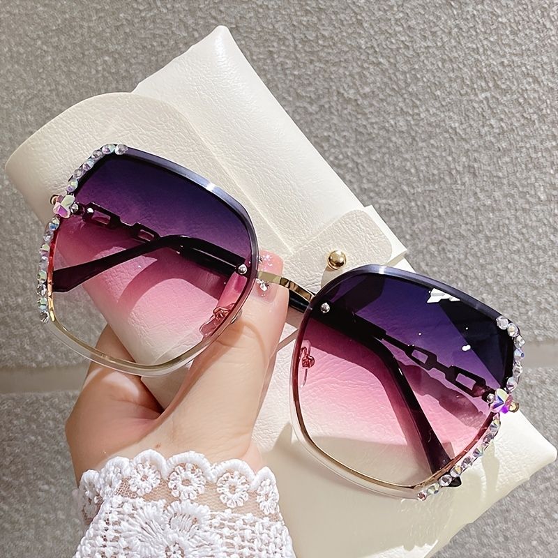 Woman Rimless Rhinestone Sunglasses; Women Oversized Rimless Gradient Stylish Design Oversized Sunglasses