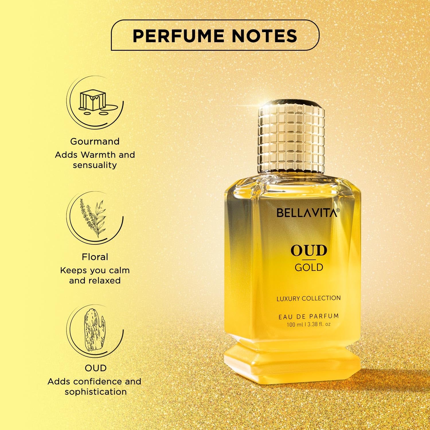 OUD GOLD Eau De Parfum (3.38 fl. oz.) | Intense Arabian Perfume for women & men | Notes : Caramel, Orris, Rose, Jasmine | Family: Woody, Gourmand, Floral, and Oud | Vegan & cruelty free