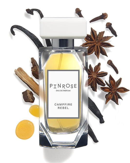 PINROSE Perfumes Campfire Rebel - Eau de Parfum Unisex Fragrance Spray - Clean, Vegan, Cruelty-free, and Hypoallergenic Scent with Essential Oils - Notes of Whiskey, Burning Oud Wood, Bourbon Vanilla, Raspberry and Vetiver