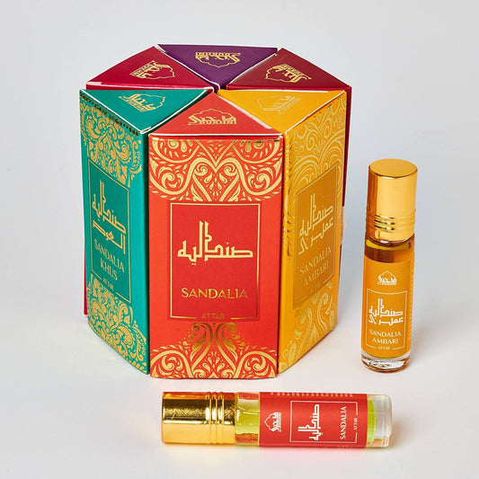 Sandal Attar Oil Set Arabian sandalwood perfume oils | 6 assorted scents x 6ml | Authentic,Alcohol free, Vegan, Sandalia Collection Set for Gifting with Rose & Jasmine