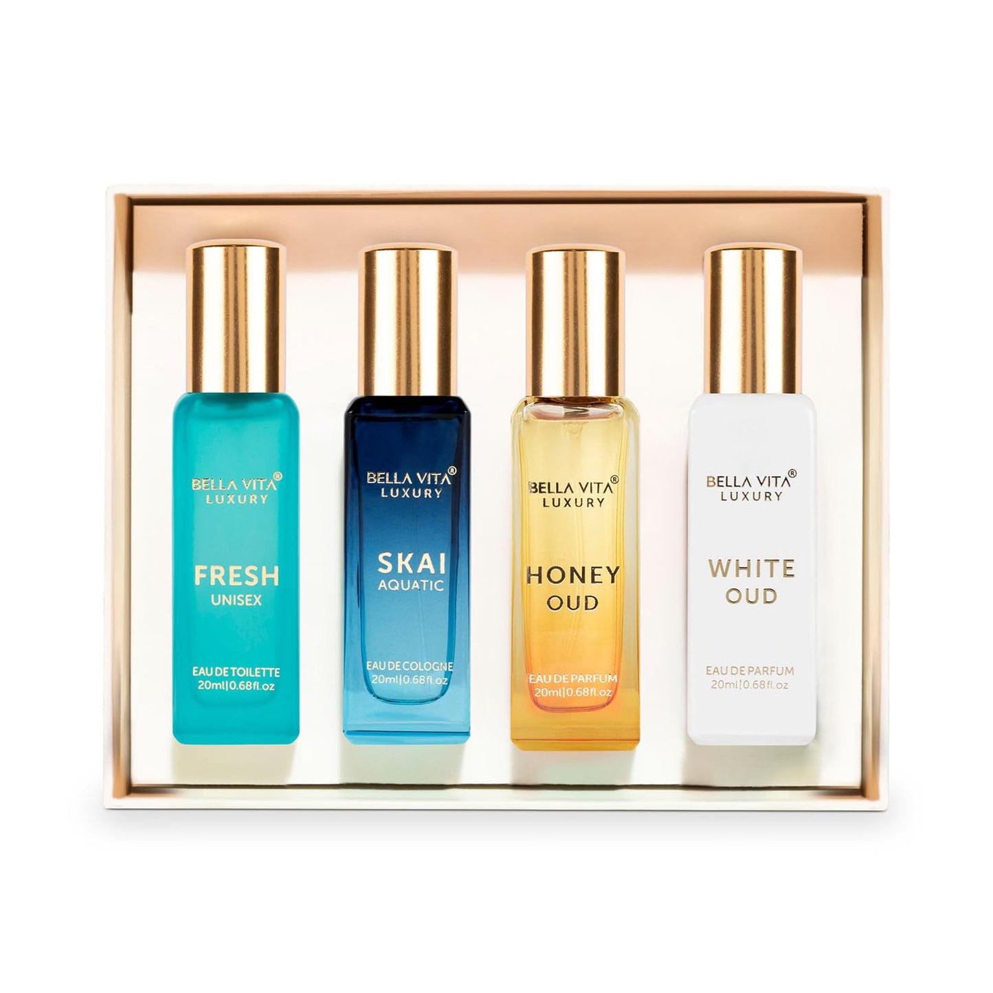 Unisex Luxury Perfume Gift Set 4x20 ML for Men & Women | Long Lasting Fragrance Eau De Parfum | SKAI | FRESH | WHITEOUD | PATCHOULI