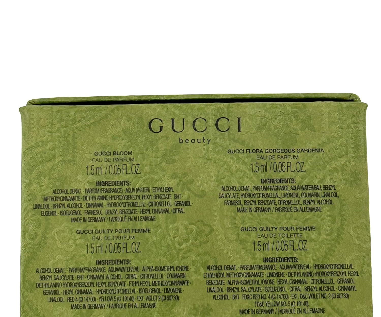 Gucci Sample Perfume WOMEN GIFT SET Bloom, Flora Gorgeous Gardenia, Guilty Pour Femme EDP, Guilty Pour Femme EDT - 1.5 ml / 0.05 oz - set of 4 spray samples (2784)