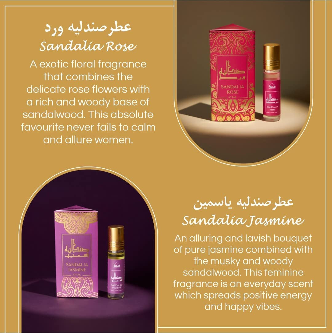 Sandal Attar Oil Set Arabian sandalwood perfume oils | 6 assorted scents x 6ml | Authentic,Alcohol free, Vegan, Sandalia Collection Set for Gifting with Rose & Jasmine
