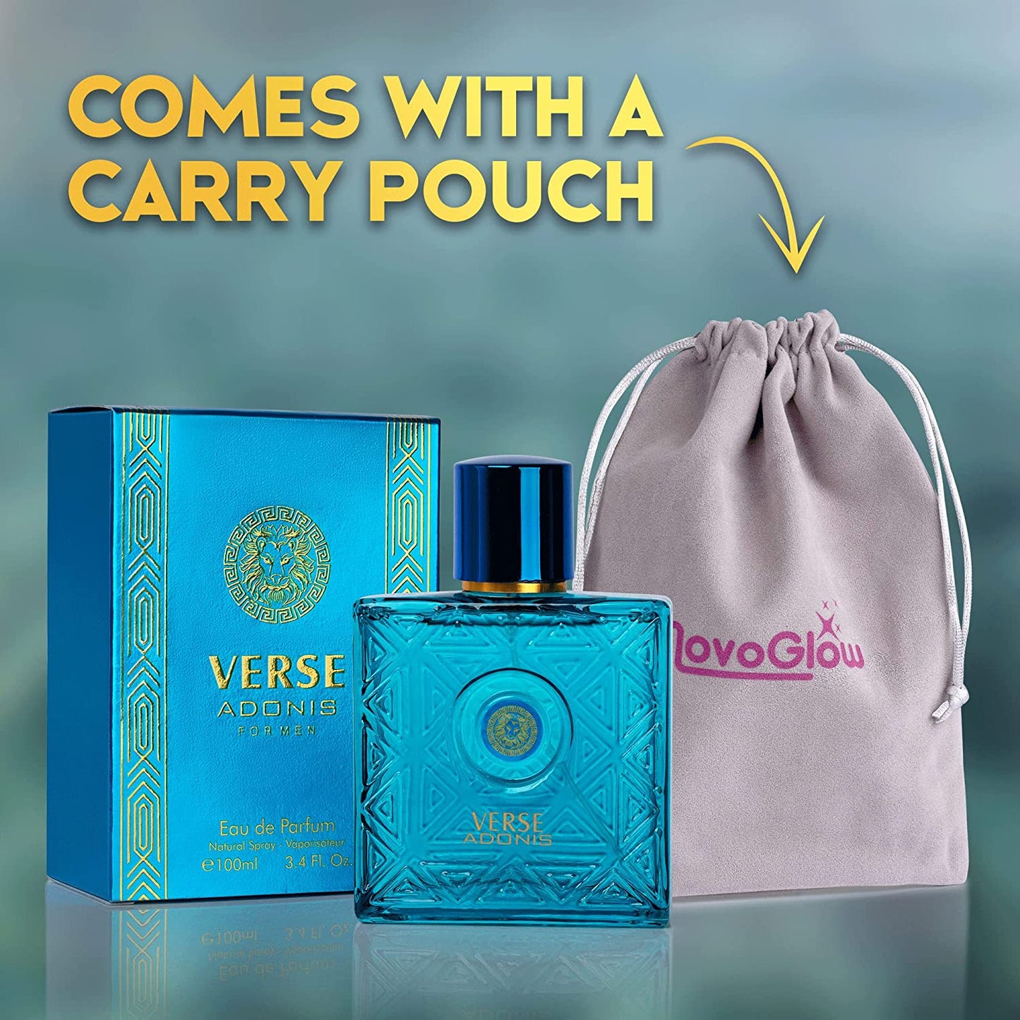 NovoGlow Verse Adonis for Men - 3.4 Fl. Oz. 100ml Men's Perfume Carrying Pouch - Refreshing Combination of Woody Floral & Fruity Scents - Masculine Scent Lasts All Day A Gift for Any Occasion