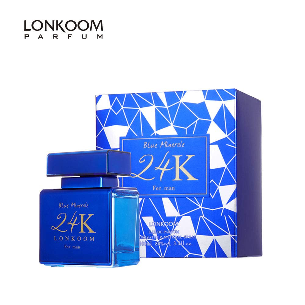 Lonkoom 24K Blue Minerale - Long Lasting Perfume for Men - Woody, Floral Perfume - Fragrance for Men with Notes of Lily, Aldehydes, Green Leaves, Musk, Amber, Cedar - 3.4 oz EDP Spray for Men