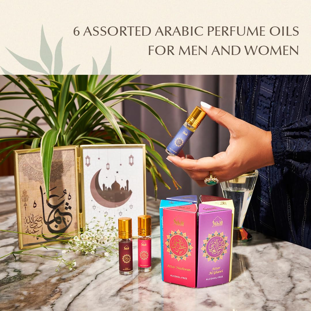 Yemeni Attar Oil Set Arabian Perfume Oils | 6 Assorted scents x 6ml | Mini roll ons, Arabic Oud Fragrance Oil | Authentic,Alcohol Free, Vegan, Collection Set for Gifting