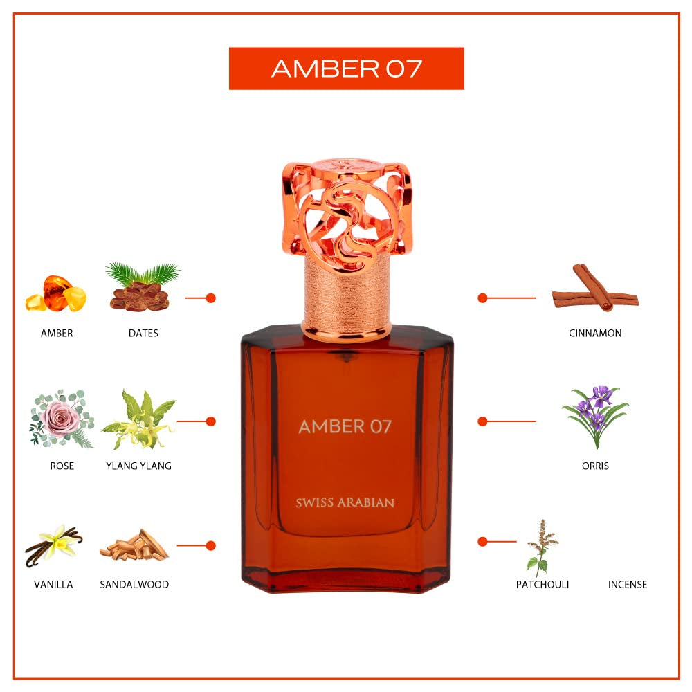 Swiss Arabian Amber 07 - Luxury Products From Dubai - Long Lasting And Addictive Personal EDP Spray Fragrance - A Seductive, Signature Aroma - The Luxurious Scent Of Arabia - 1.7 Oz